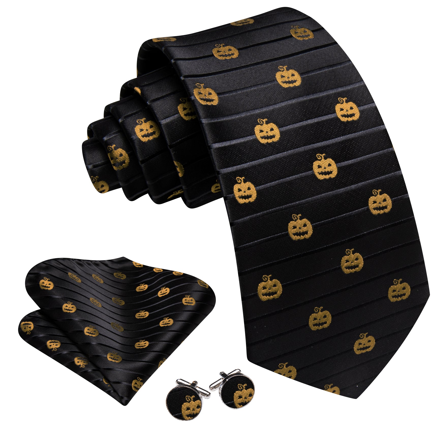 Barry. Wang Black Necktie Halloween Pumpkin Silk Tie Pocket Square Cufflinks Set for Men