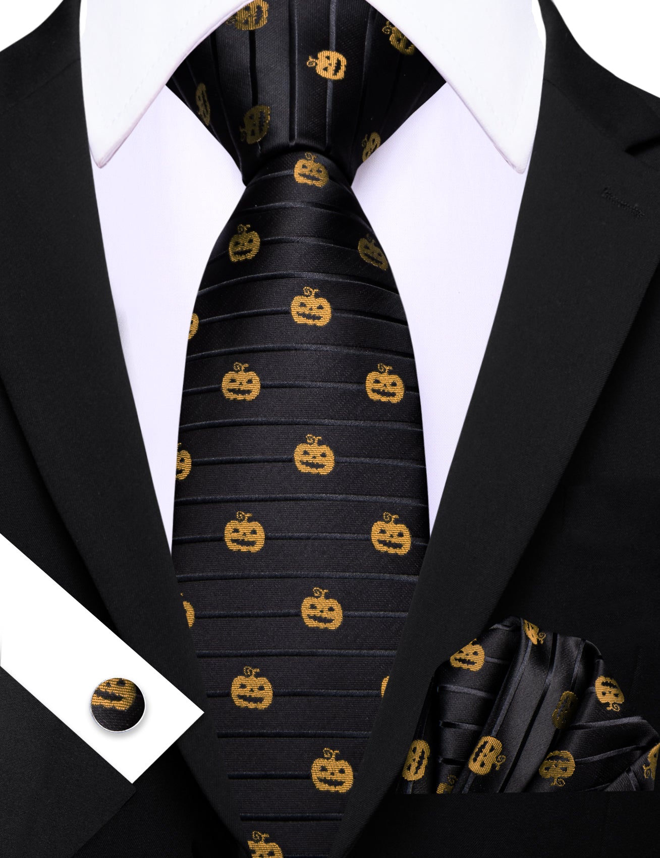 Barry. Wang Black Necktie Halloween Pumpkin Silk Tie Pocket Square Cufflinks Set for Men