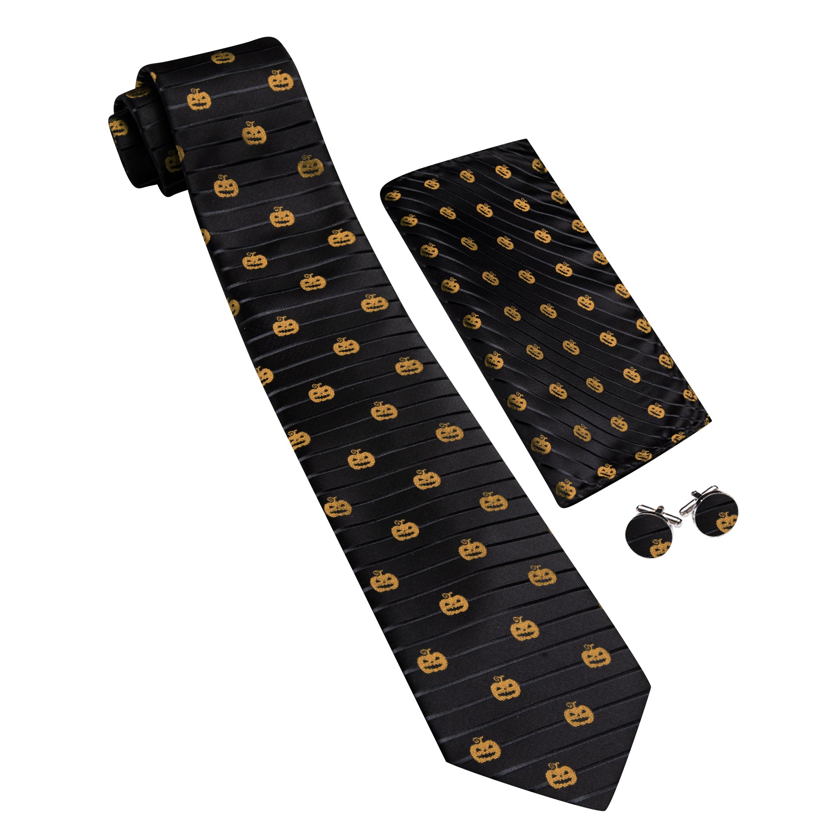 Barry. Wang Black Necktie Halloween Pumpkin Silk Tie Pocket Square Cufflinks Set for Men