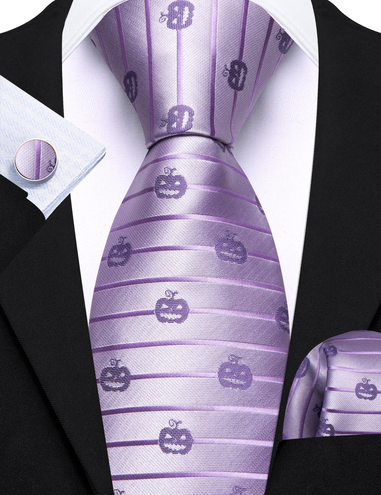 Barry. Wang Purple Necktie Halloween Pumpkin Silk Tie Pocket Square Cufflinks Set for Men