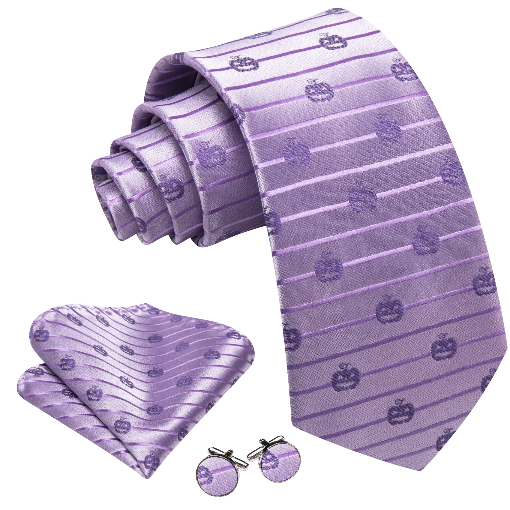 Barry. Wang Purple Necktie Halloween Pumpkin Silk Tie Pocket Square Cufflinks Set for Men