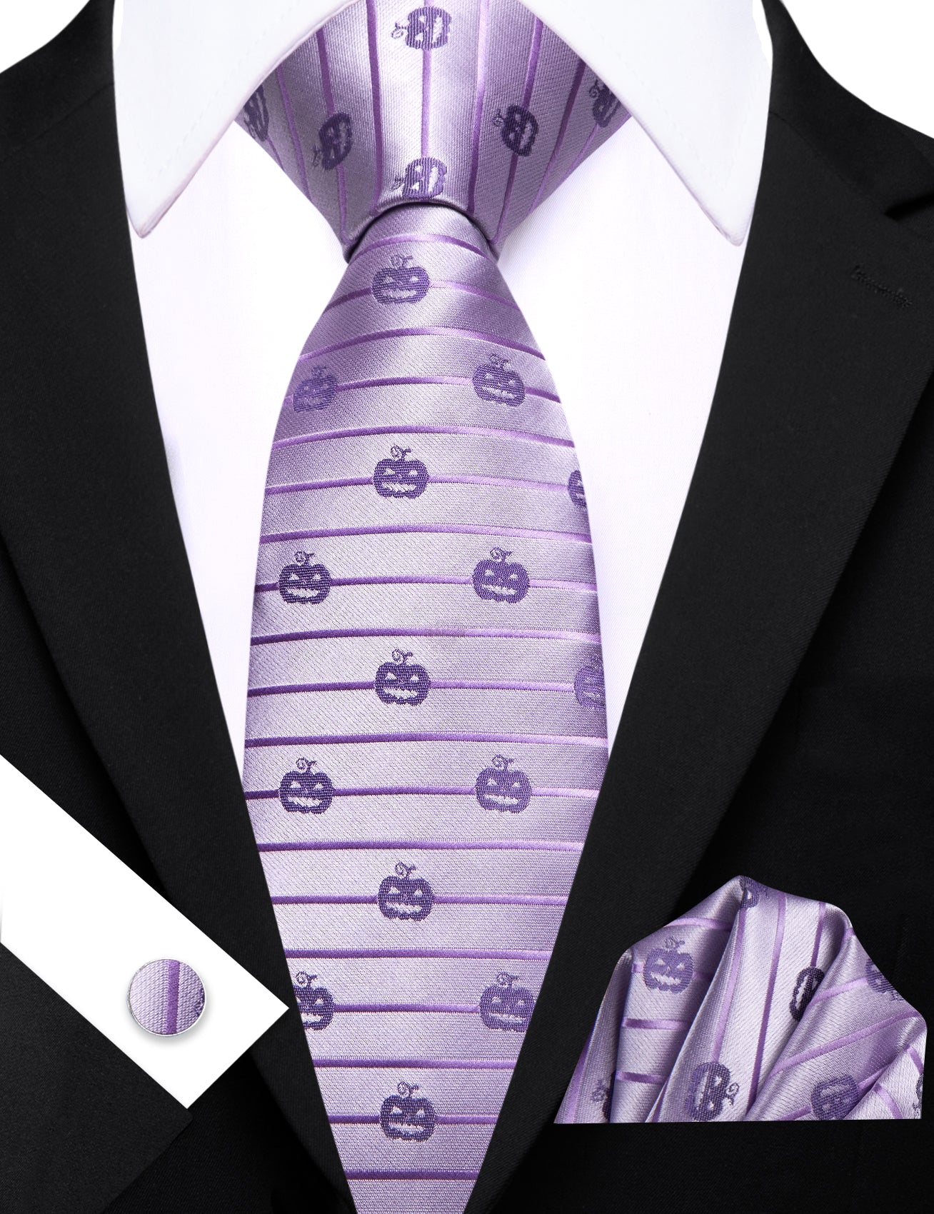 Barry. Wang Purple Necktie Halloween Pumpkin Silk Tie Pocket Square Cufflinks Set for Men