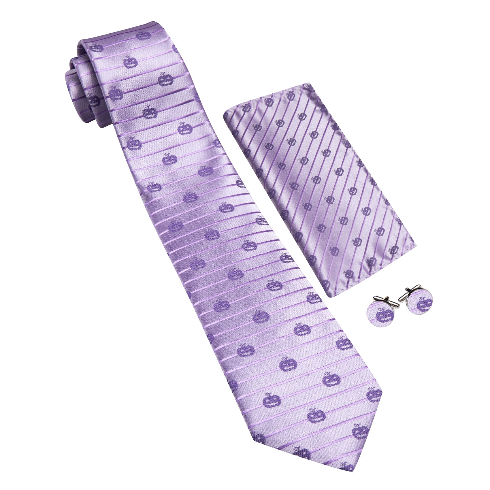 Barry. Wang Purple Necktie Halloween Pumpkin Silk Tie Pocket Square Cufflinks Set for Men