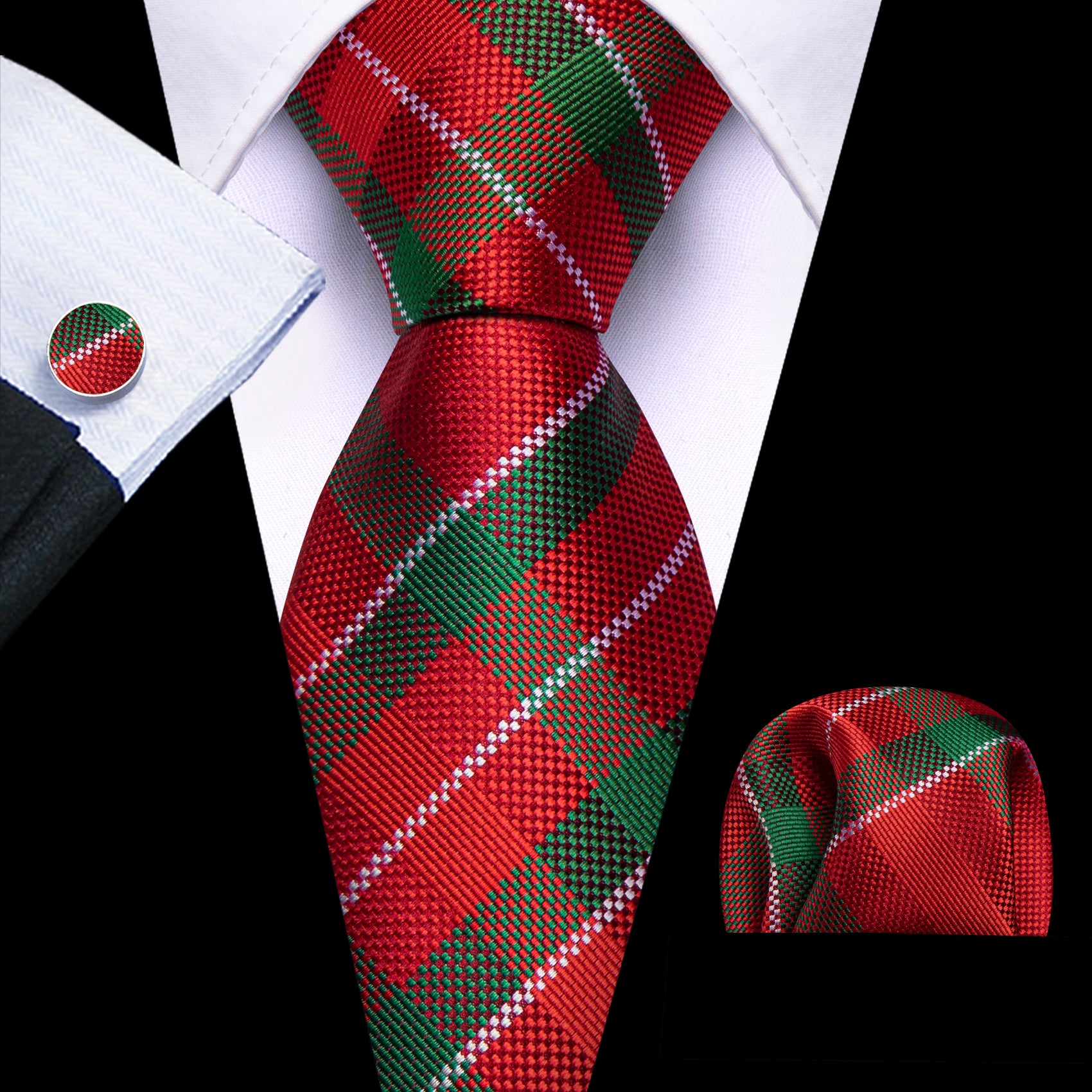 Barry. Wang Christmas Red Green Plaid Mens Tie Hanky Cufflinks Set