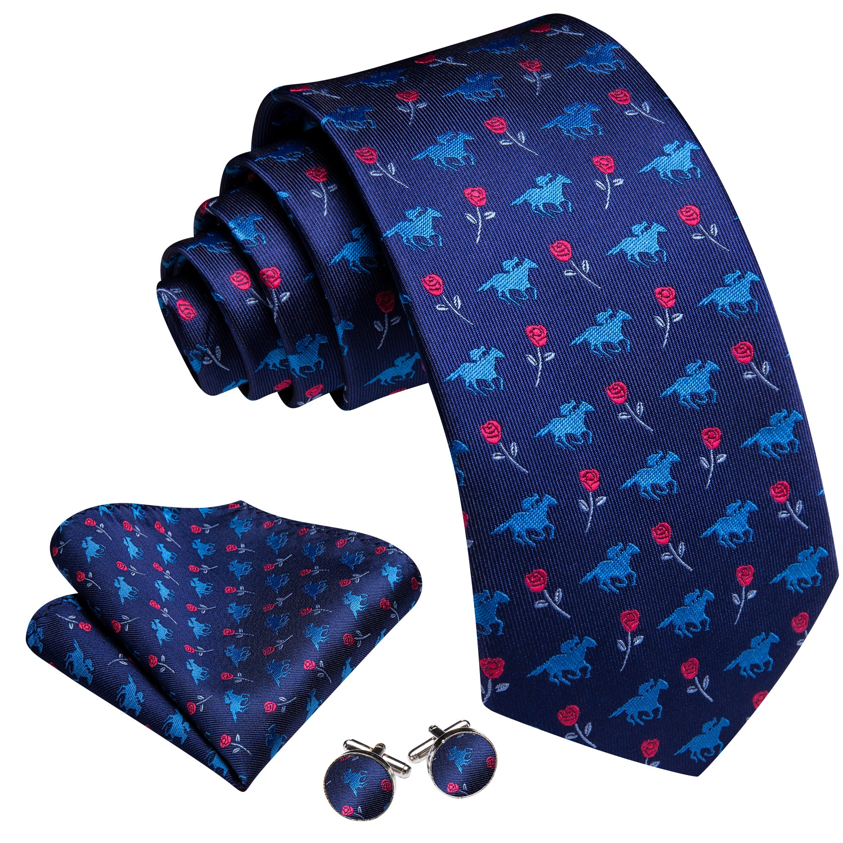 Barry. Wang Necktie Navy Blue Floral Silk Tie Pocket Square Cufflinks Set for Men