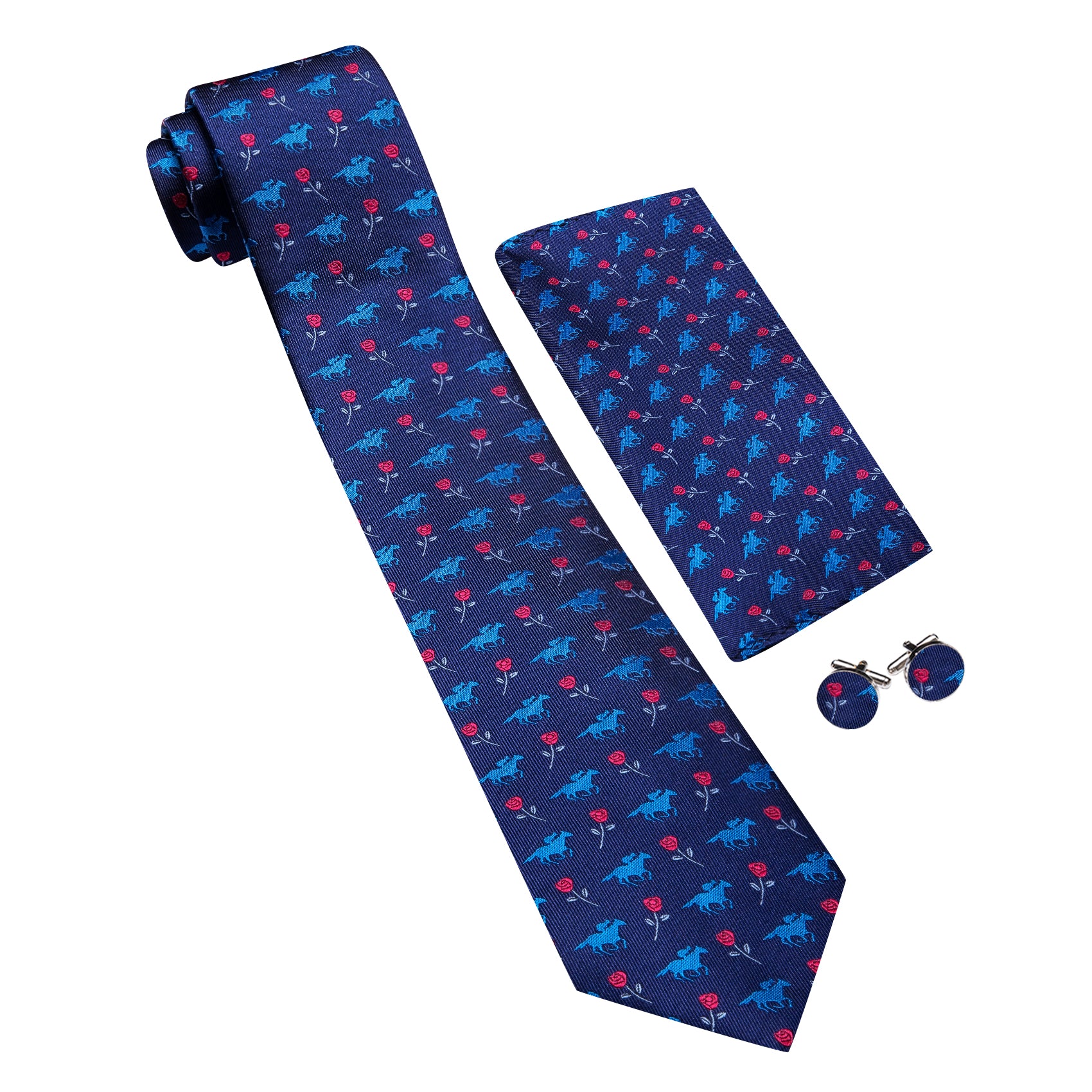 Barry. Wang Necktie Navy Blue Floral Silk Tie Pocket Square Cufflinks Set for Men