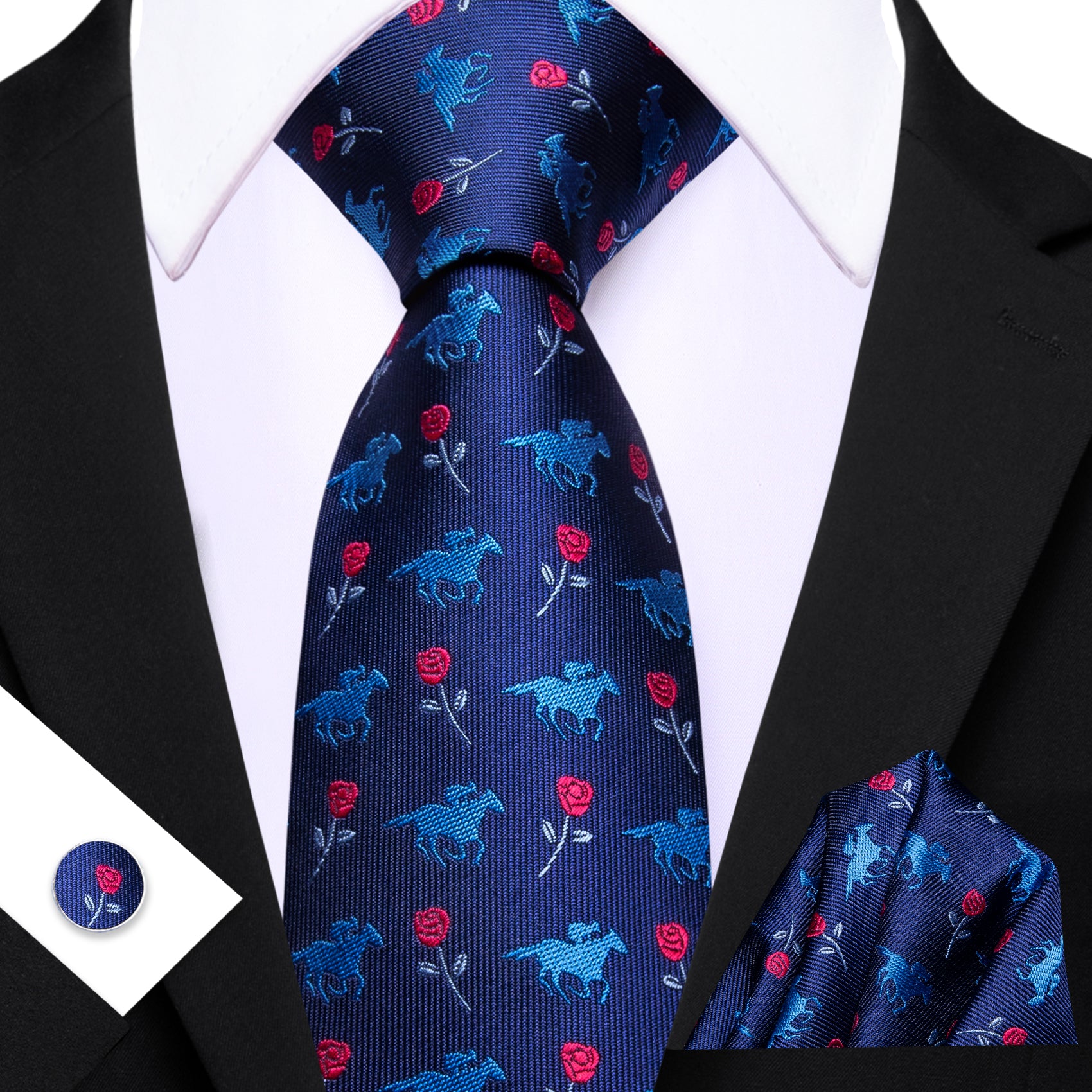 Barry. Wang Necktie Navy Blue Floral Silk Tie Pocket Square Cufflinks Set for Men