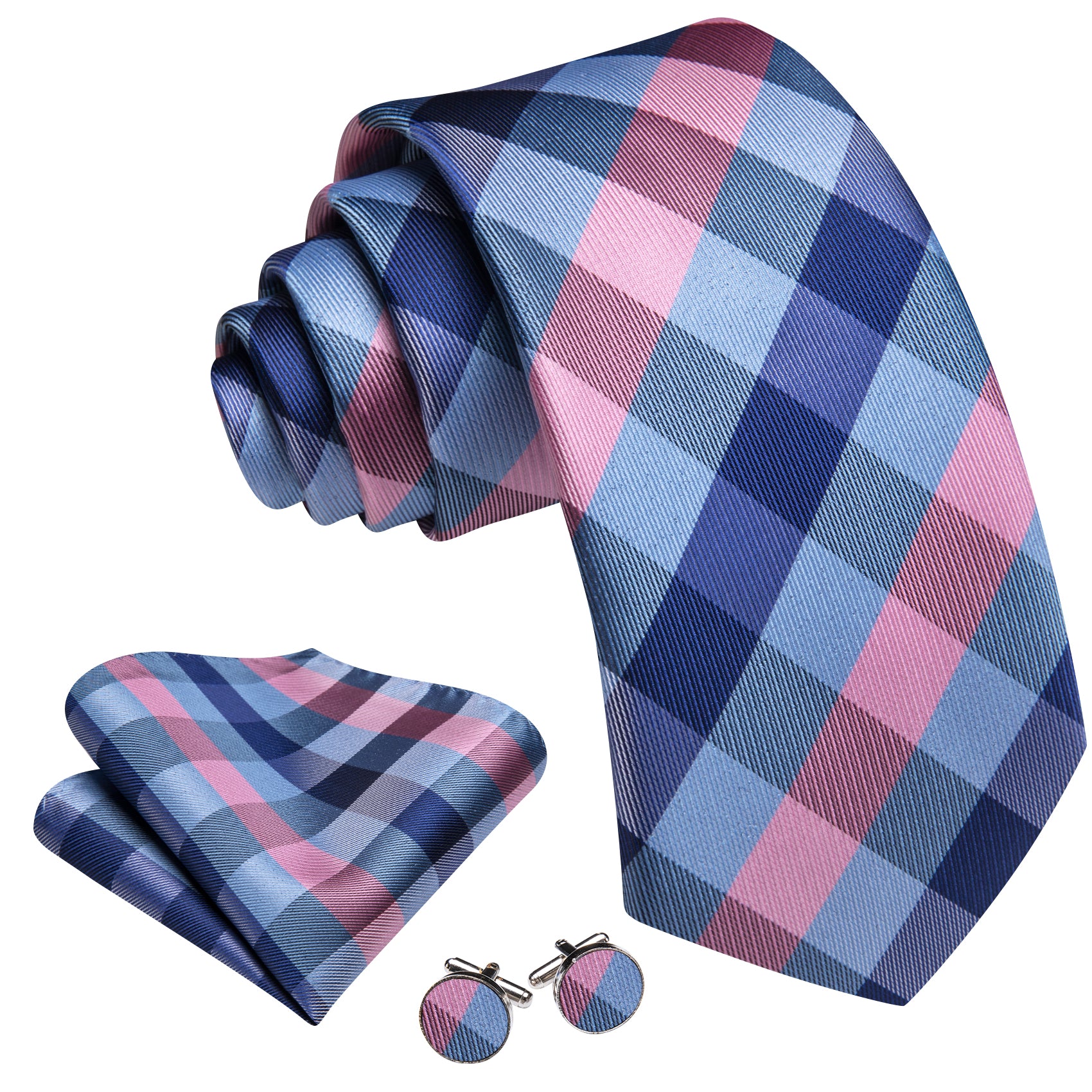 Barry. Wang Men's Necktie Blue Pink Plaid Tie Handkerchief Cufflinks Set