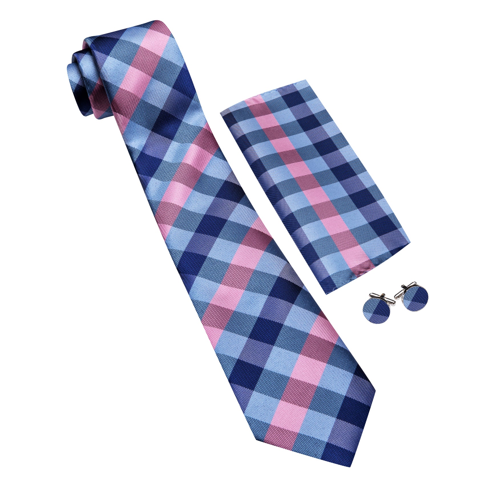Barry. Wang Men's Necktie Blue Pink Plaid Tie Handkerchief Cufflinks Set