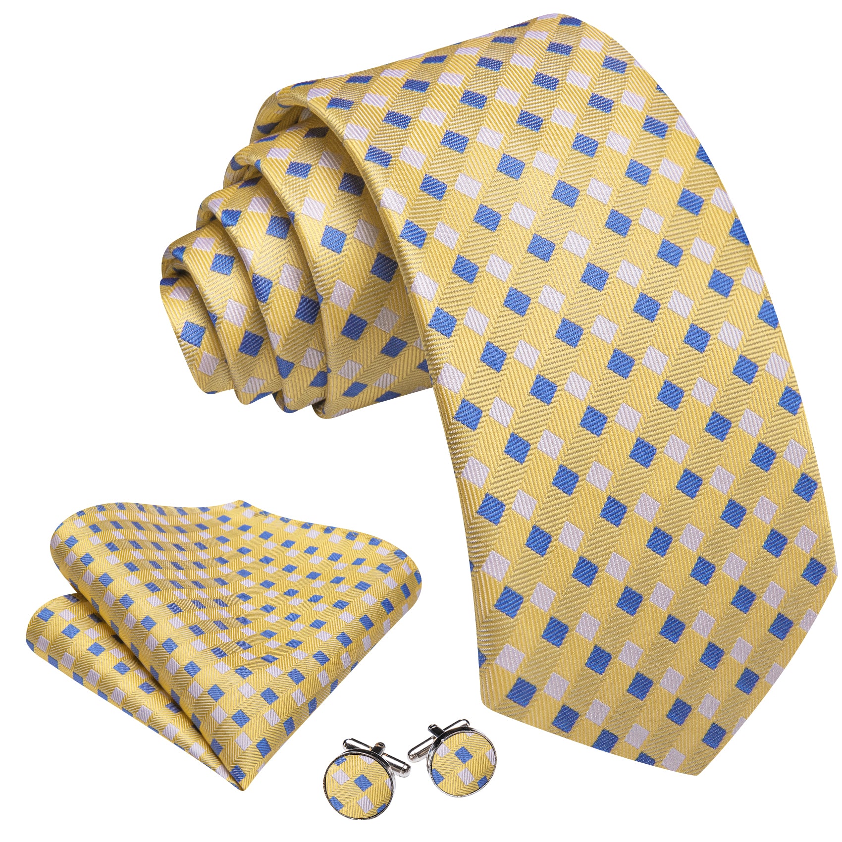 Barry. Wang Yellow Necktie  Blue Plaid Tie Handkerchief Cufflinks Set for Men