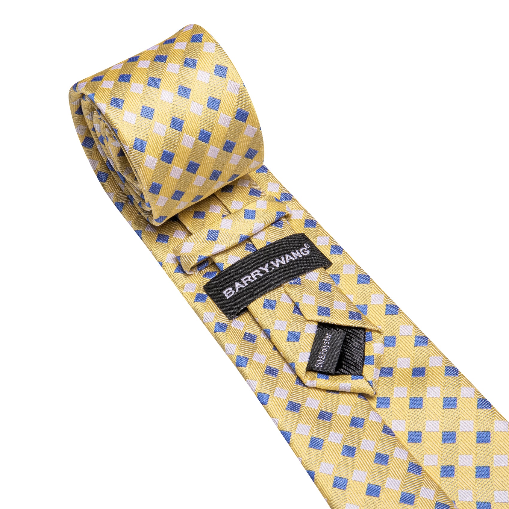 Barry. Wang Yellow Necktie  Blue Plaid Tie Handkerchief Cufflinks Set for Men