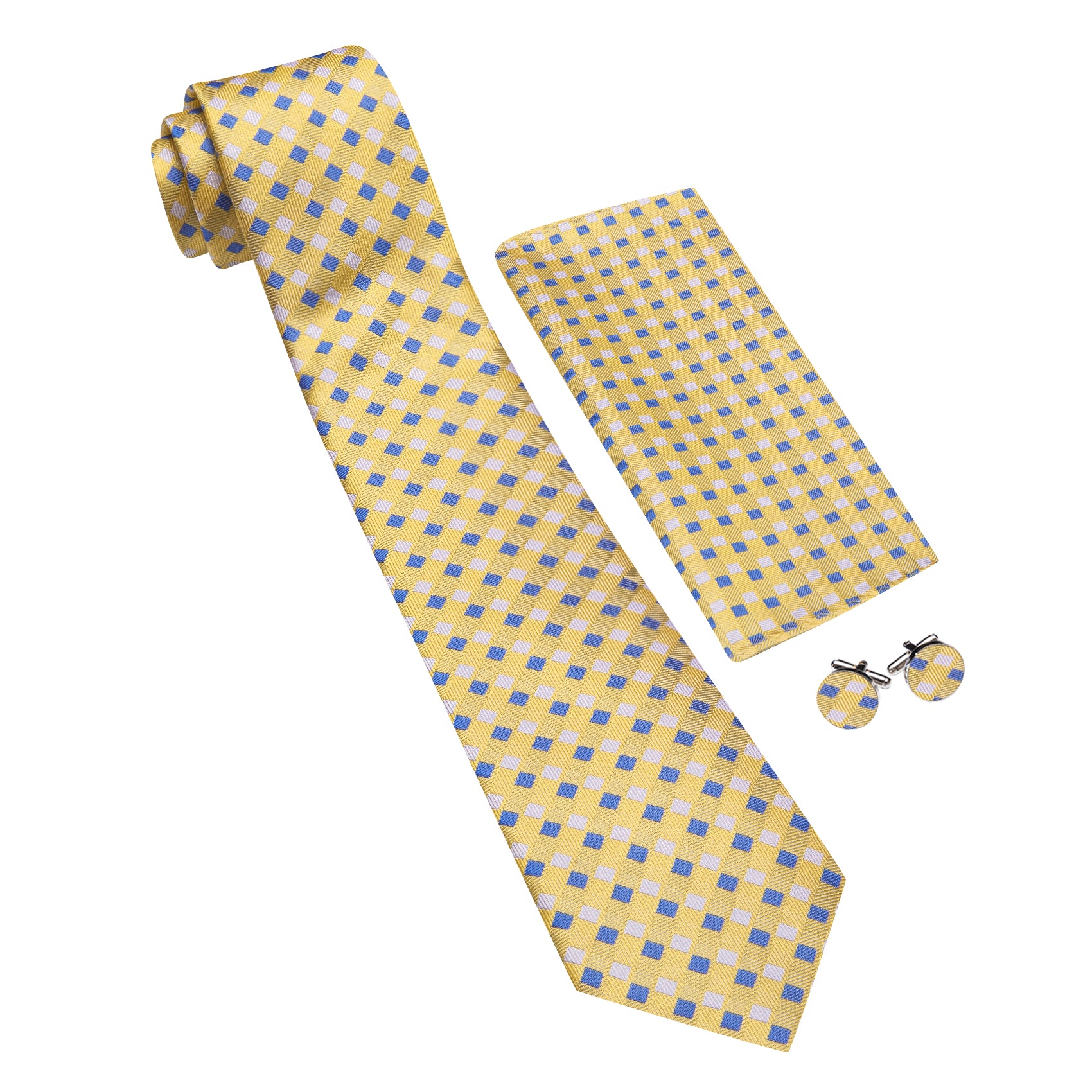 Barry. Wang Yellow Necktie  Blue Plaid Tie Handkerchief Cufflinks Set for Men