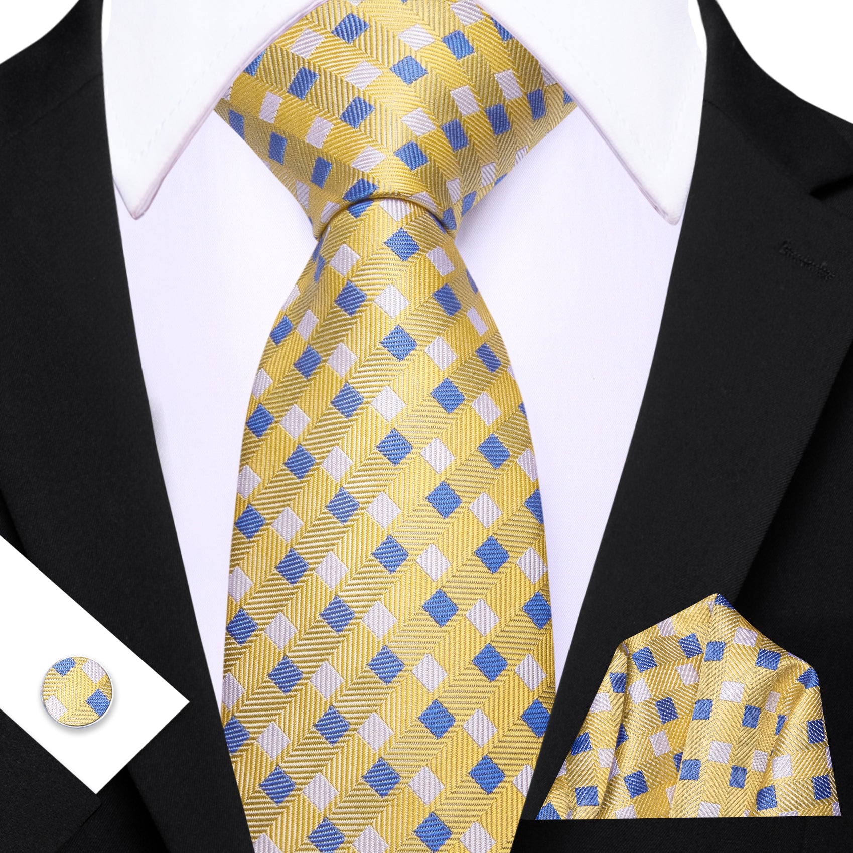 Barry. Wang Yellow Necktie  Blue Plaid Tie Handkerchief Cufflinks Set for Men