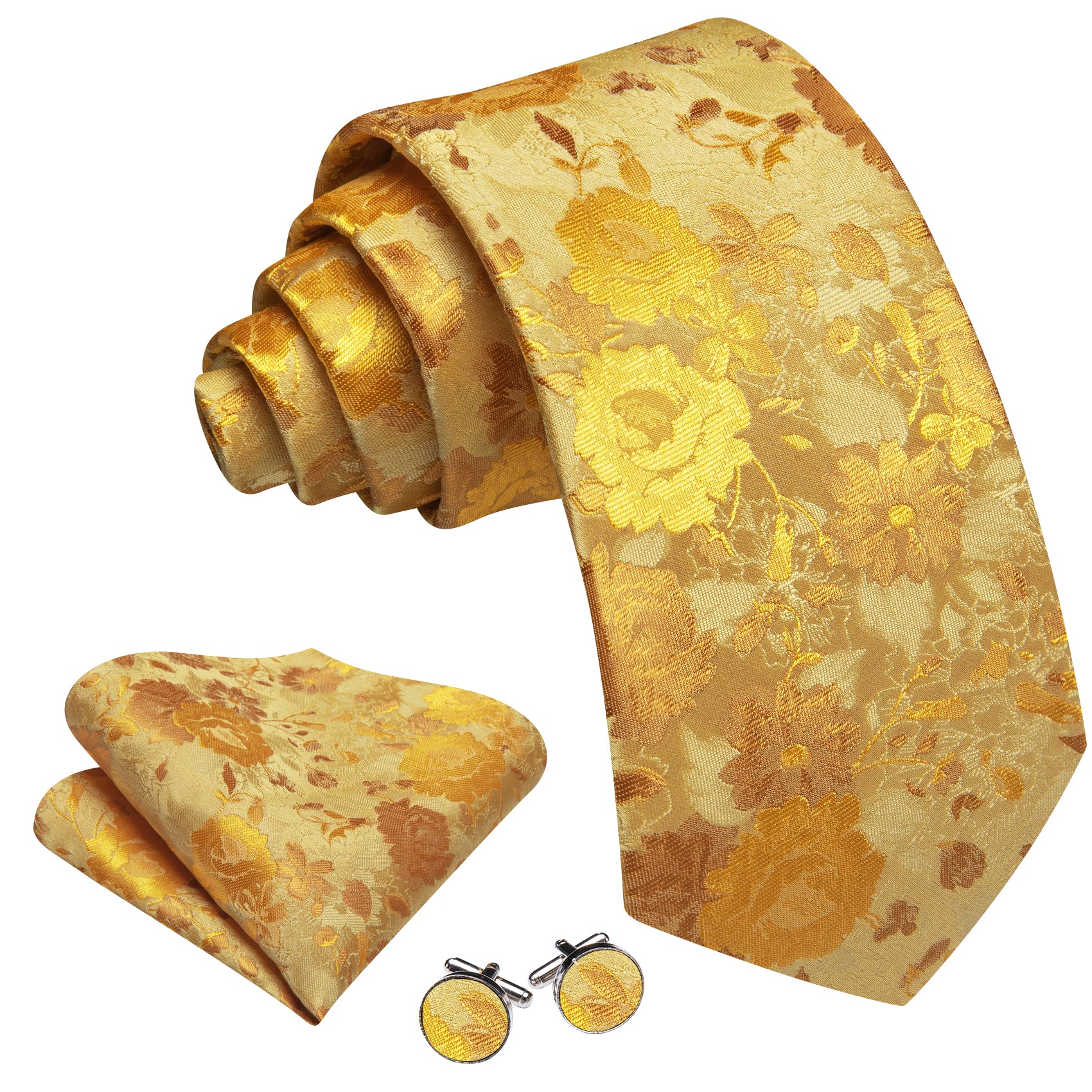 Barry. Wang Men's Necktie Yellow Floral  Silk Tie Hanky Cufflinks Set