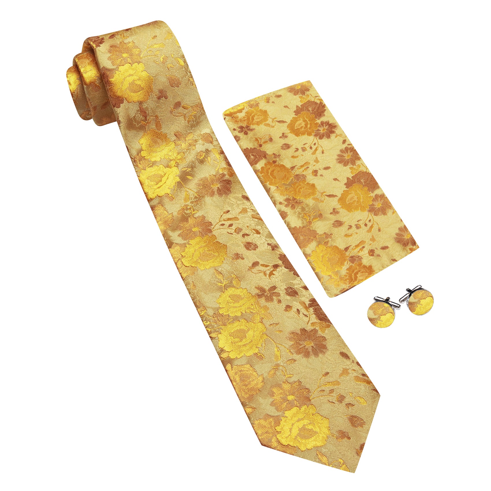 Barry. Wang Men's Necktie Yellow Floral  Silk Tie Hanky Cufflinks Set