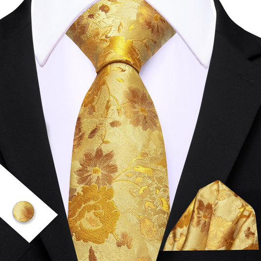 Barry. Wang Men's Necktie Yellow Floral  Silk Tie Hanky Cufflinks Set
