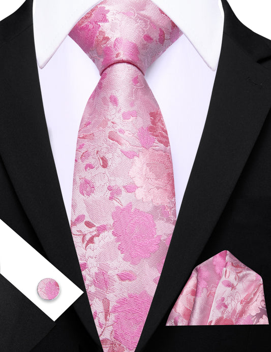 Barry. Wang Pink Floral  Silk Men's Tie Handkerchief Cufflinks Set