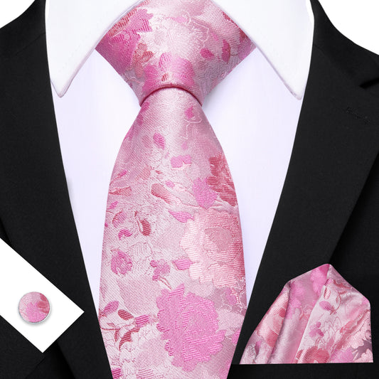 Barry. Wang Pink Floral  Silk Men's Tie Handkerchief Cufflinks Set