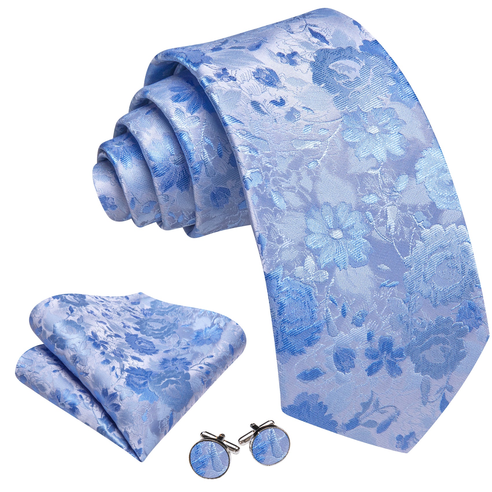 Barry. Wang Carolina Blue Floral  Silk Men's Tie Handkerchief Cufflinks Set