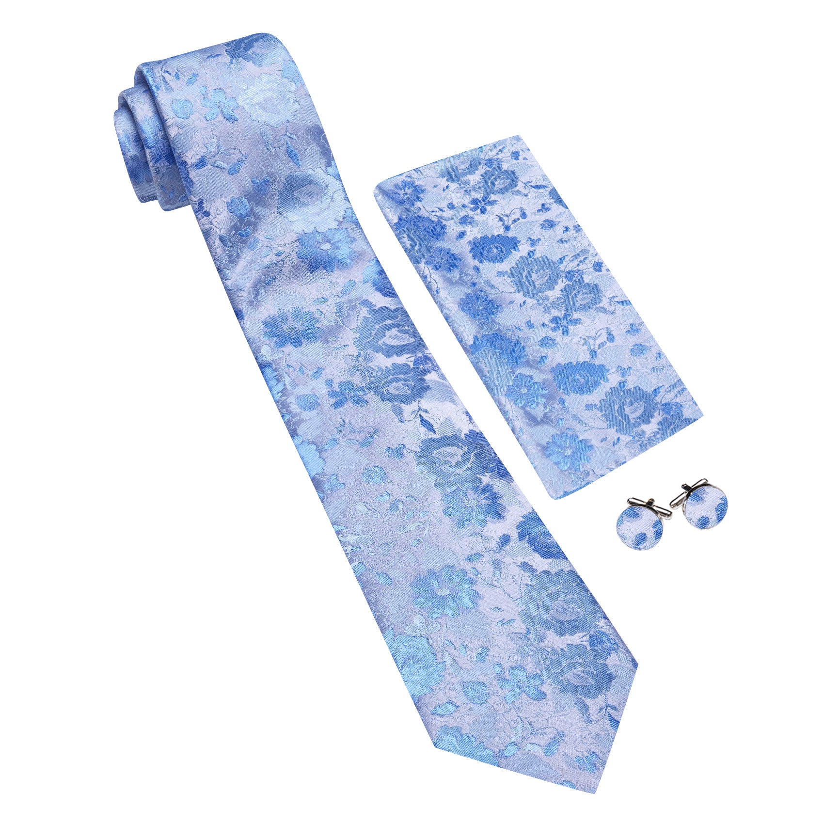 Barry. Wang Carolina Blue Floral  Silk Men's Tie Handkerchief Cufflinks Set