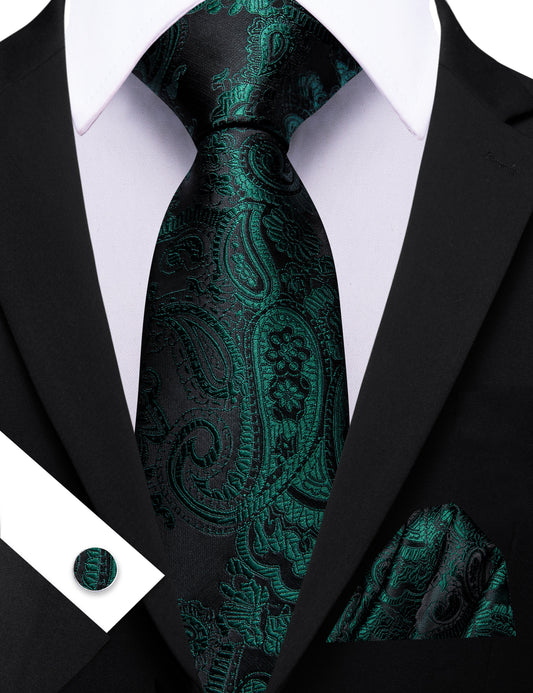 Barry. Wang Deep Teal Paisley Tie Pocket Square Cufflinks Set Silk Mens Ties