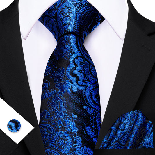 Barry. Wang Royal Blue Paisley Tie Pocket Square Cufflinks Set Silk Mens Ties
