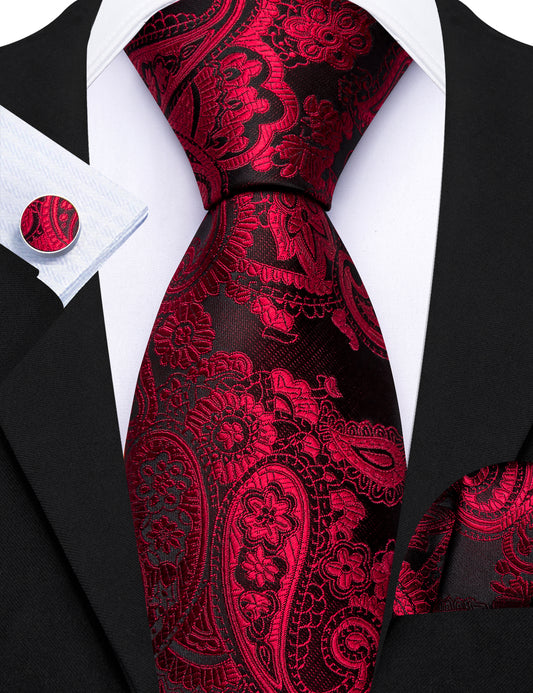 Barry. Wang Red Necktie Paisley Silk Tie Pocket Square Cufflinks Set for Men