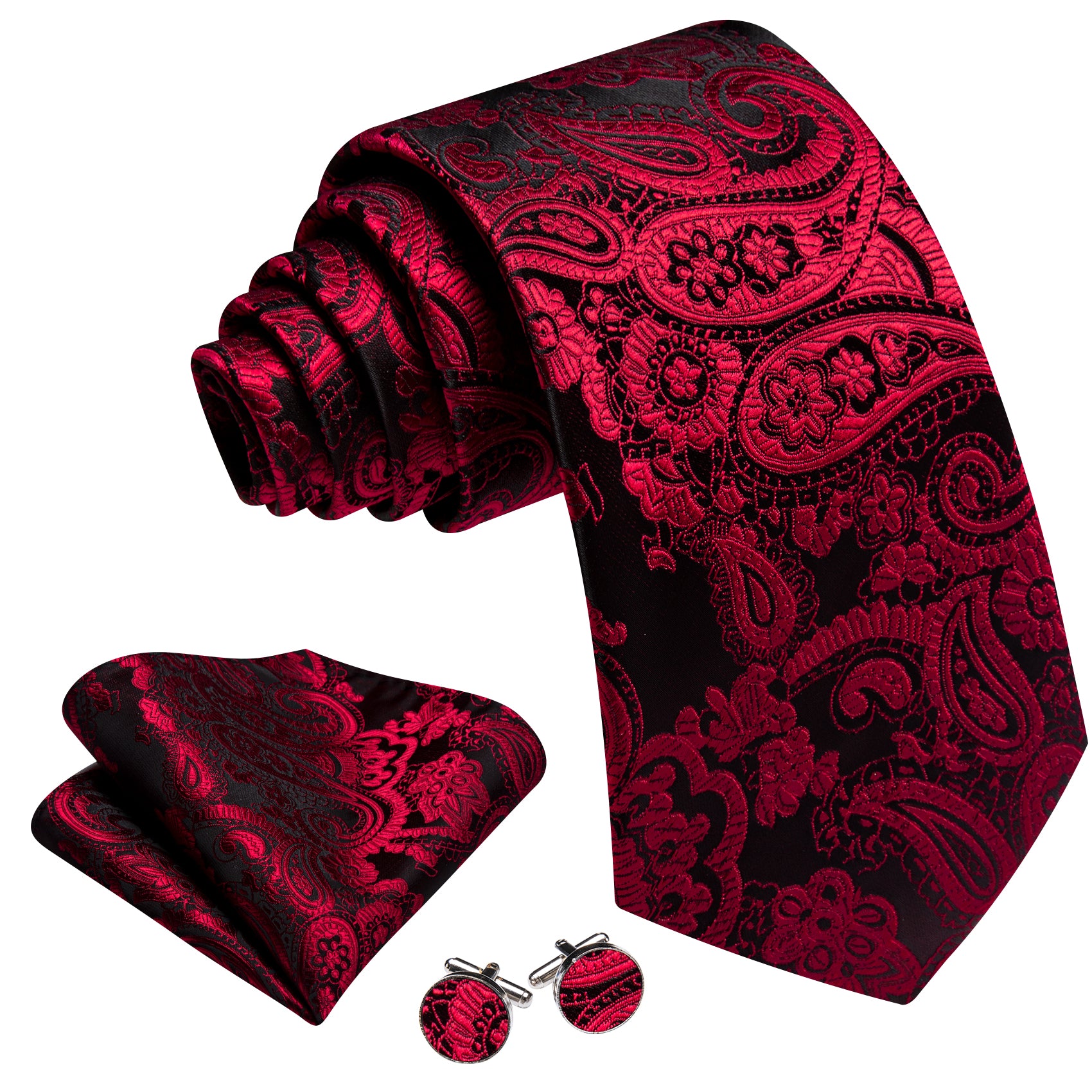 Barry. Wang Red Necktie Paisley Silk Tie Pocket Square Cufflinks Set for Men