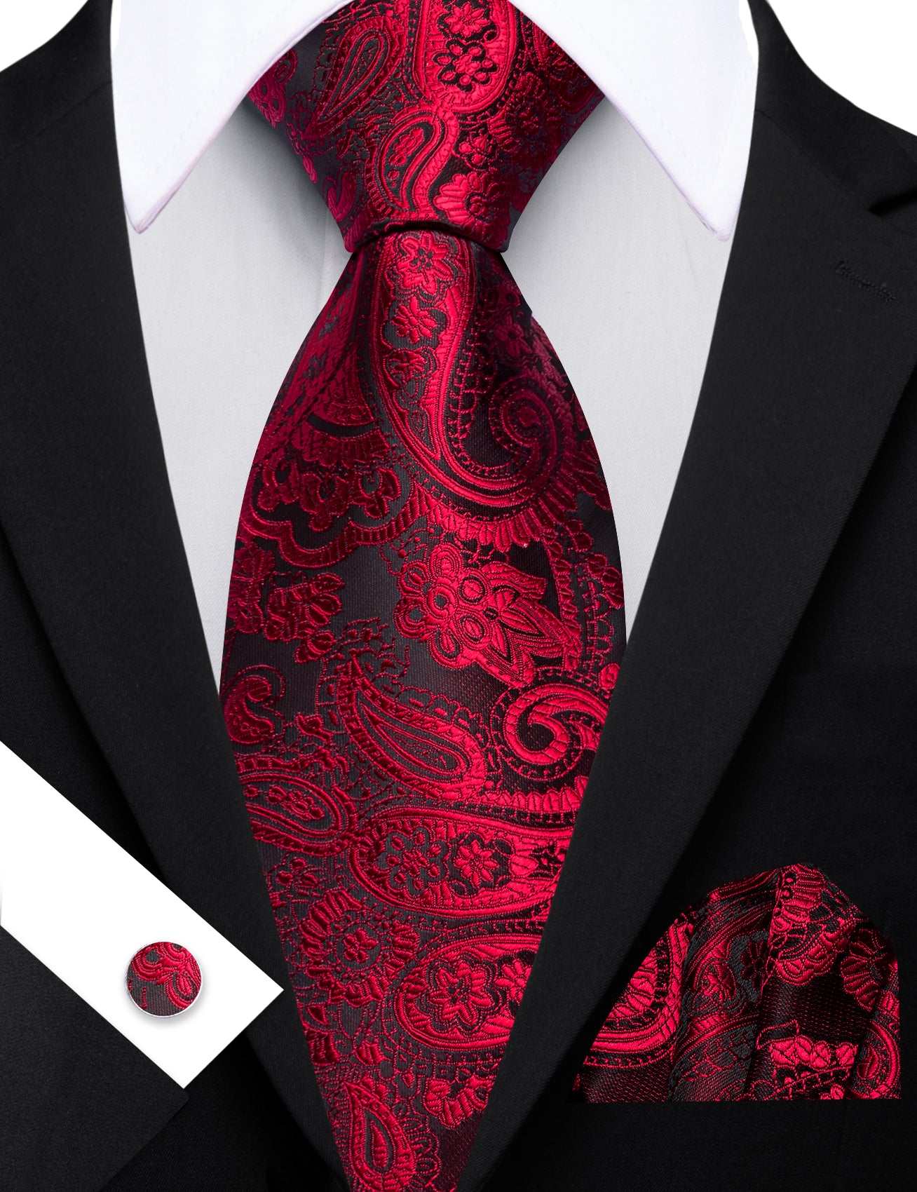 Barry. Wang Red Necktie Paisley Silk Tie Pocket Square Cufflinks Set for Men