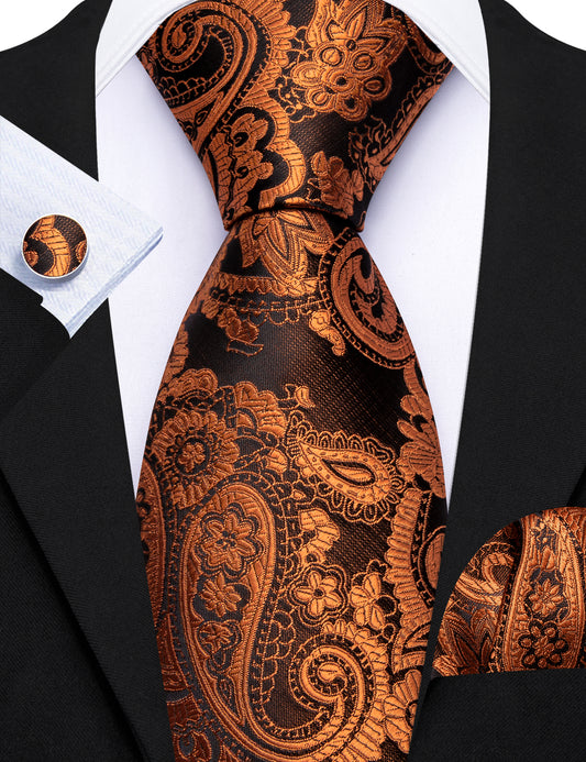 Barry. Wang Burnt Orange Black Paisley Tie Pocket Square Cufflinks Set Silk Mens Ties