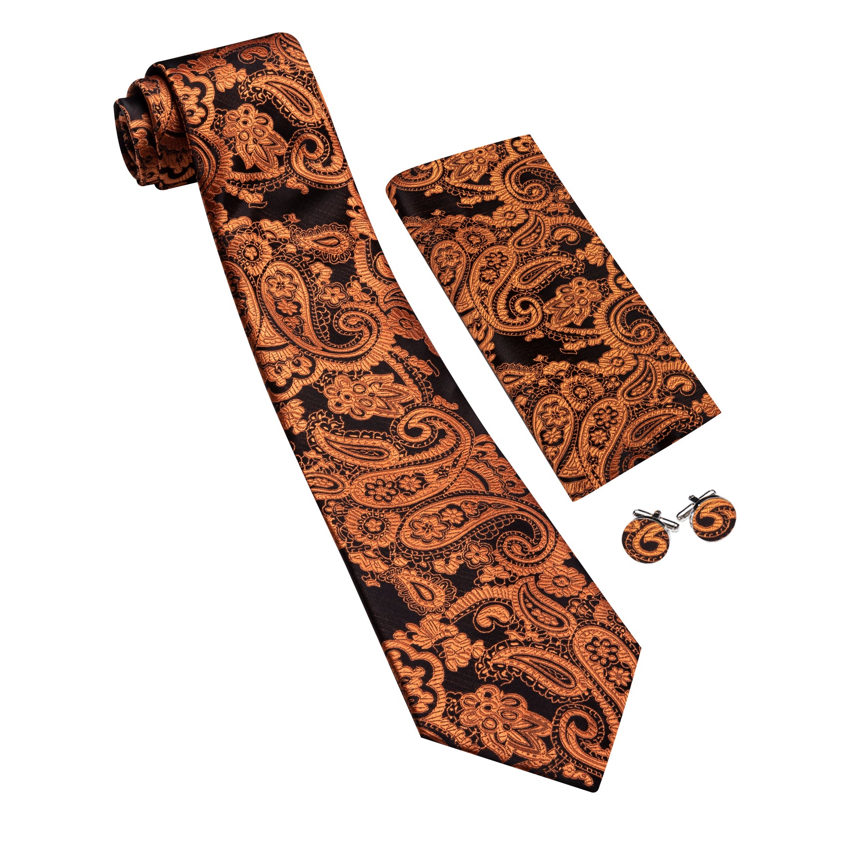 Barry. Wang Burnt Orange Black Paisley Tie Pocket Square Cufflinks Set Silk Mens Ties