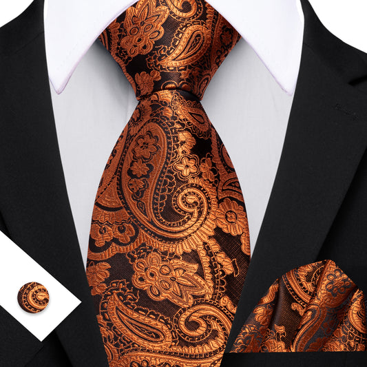 Barry. Wang Burnt Orange Black Paisley Tie Pocket Square Cufflinks Set Silk Mens Ties