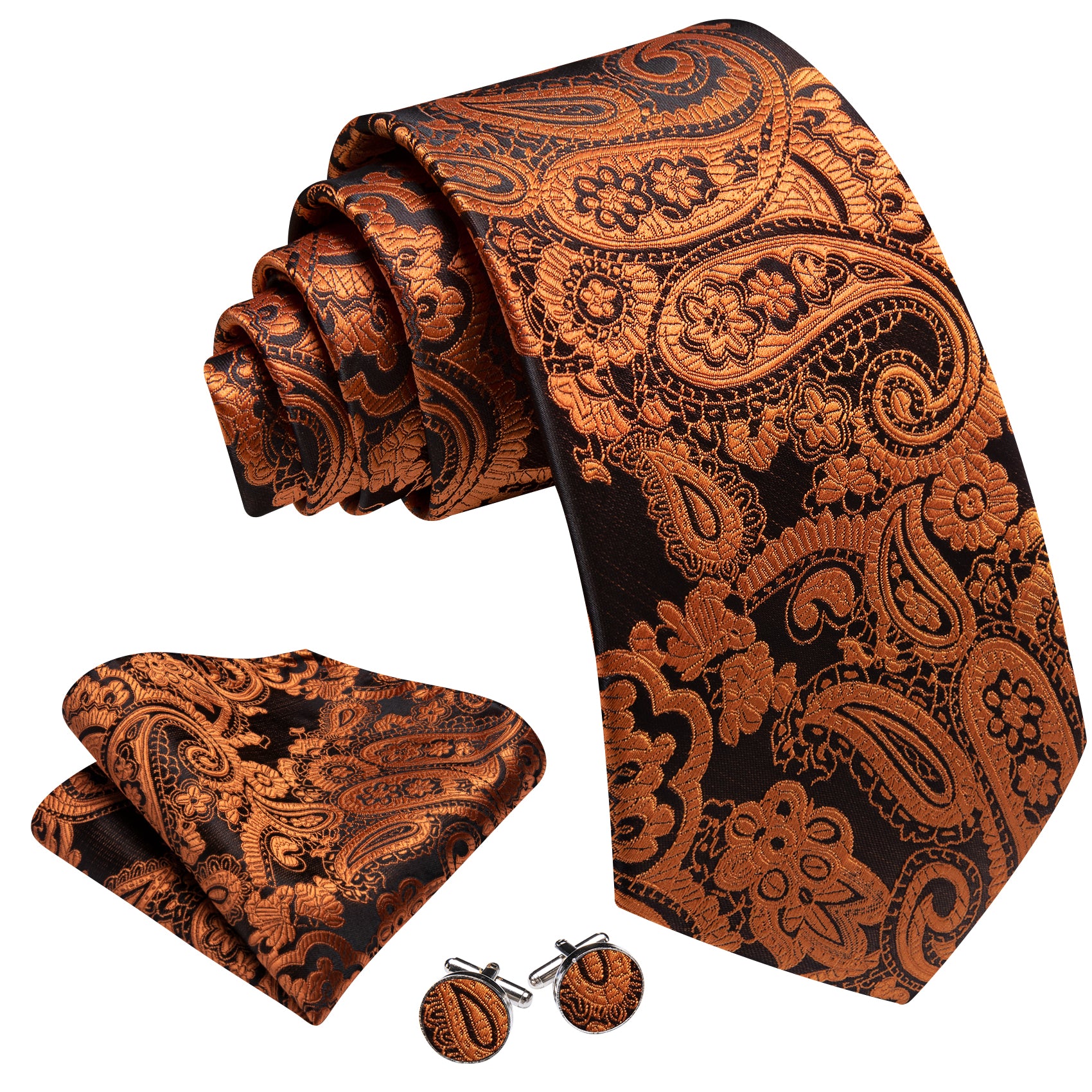 Barry. Wang Burnt Orange Black Paisley Tie Pocket Square Cufflinks Set Silk Mens Ties