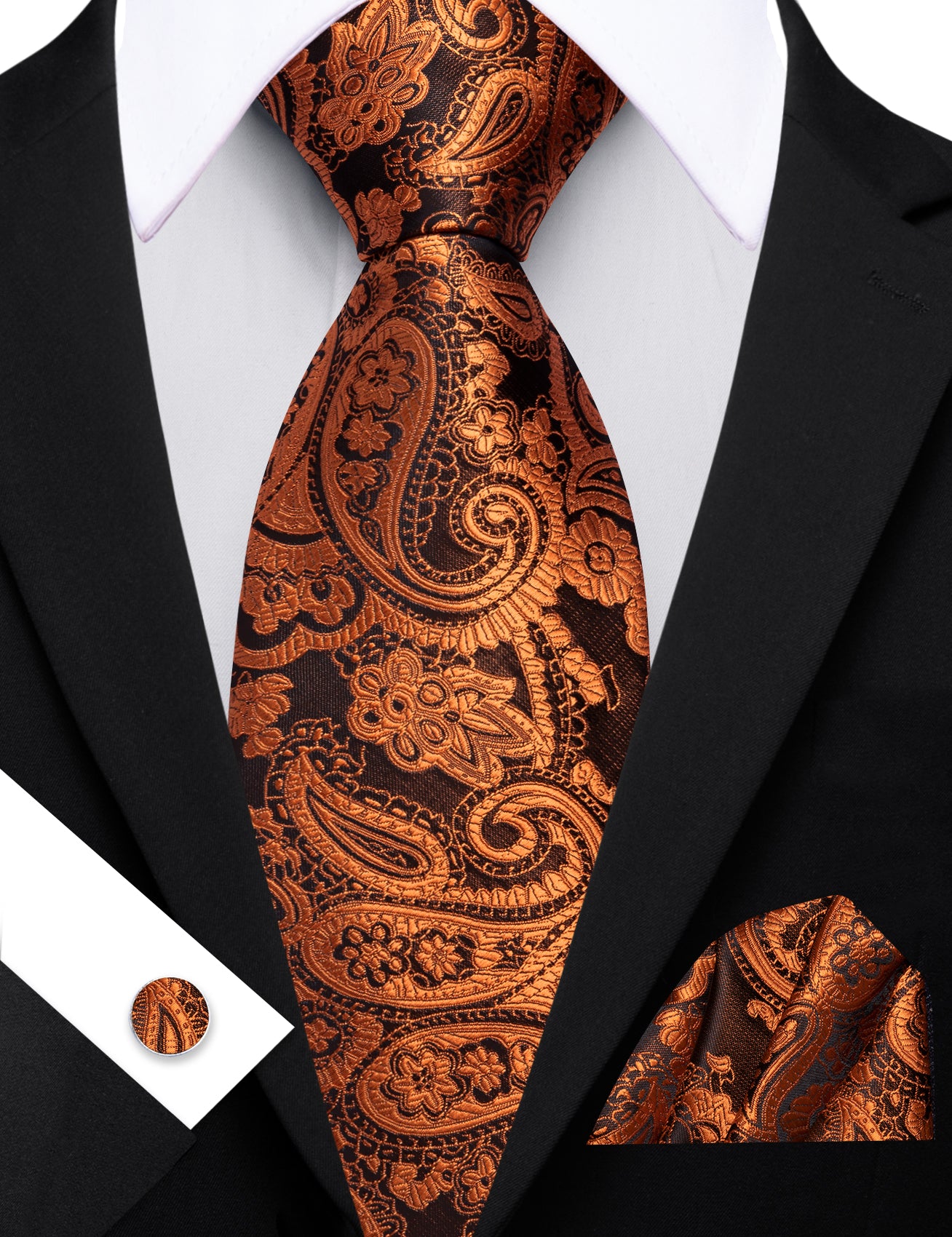 Barry. Wang Burnt Orange Black Paisley Tie Pocket Square Cufflinks Set Silk Mens Ties