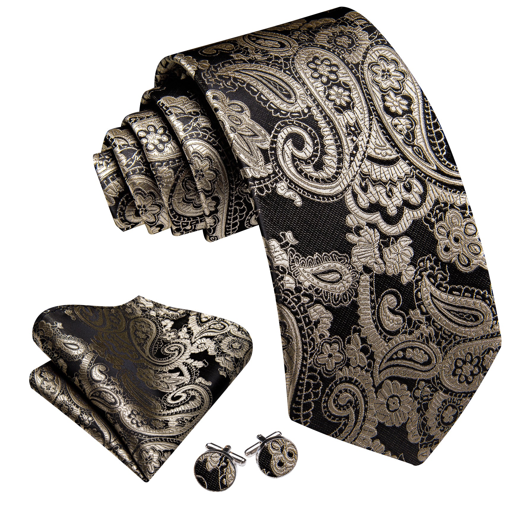 Barry. Wang Taupe Brown Paisley Tie Pocket Square Cufflinks Set Silk Mens Ties