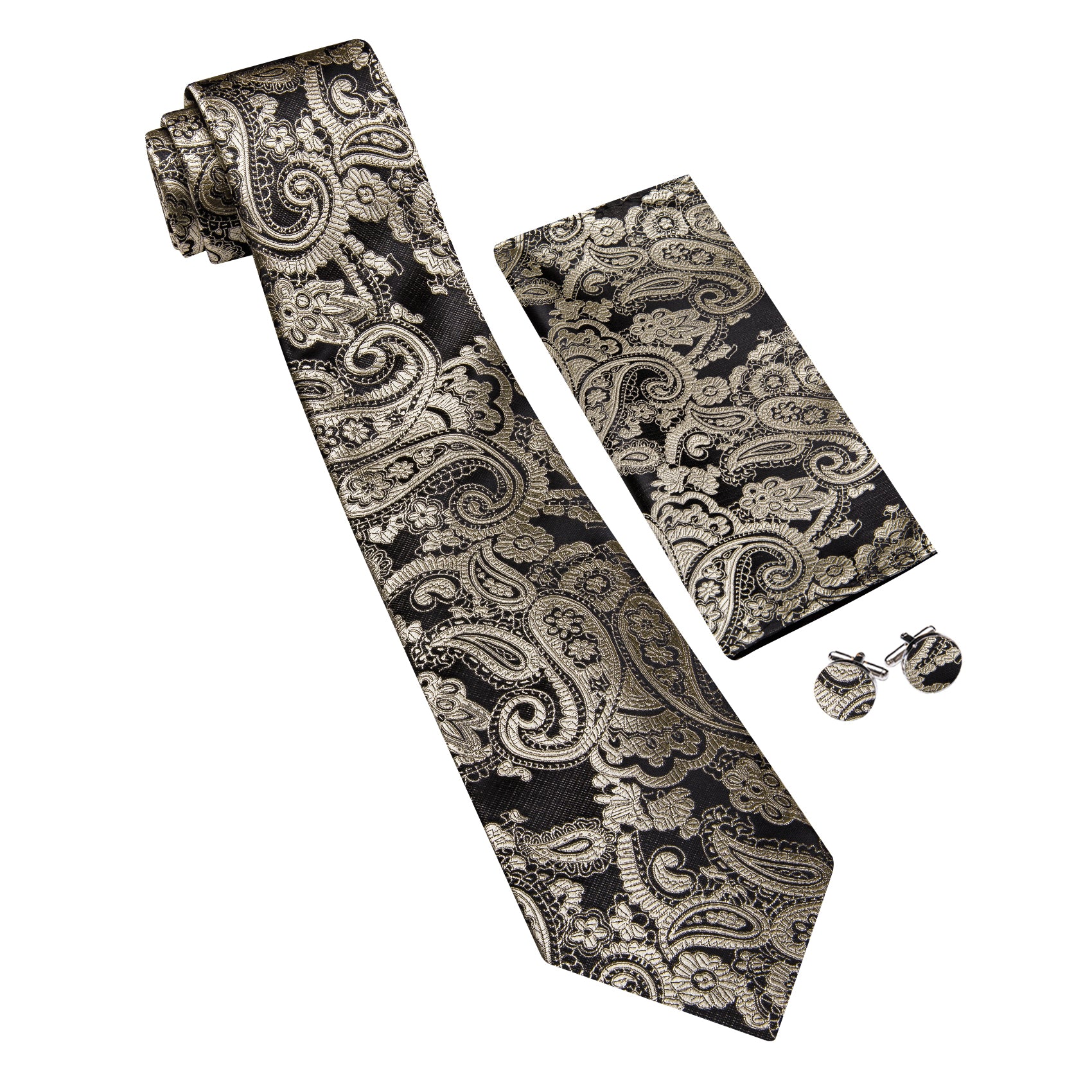 Barry. Wang Taupe Brown Paisley Tie Pocket Square Cufflinks Set Silk Mens Ties