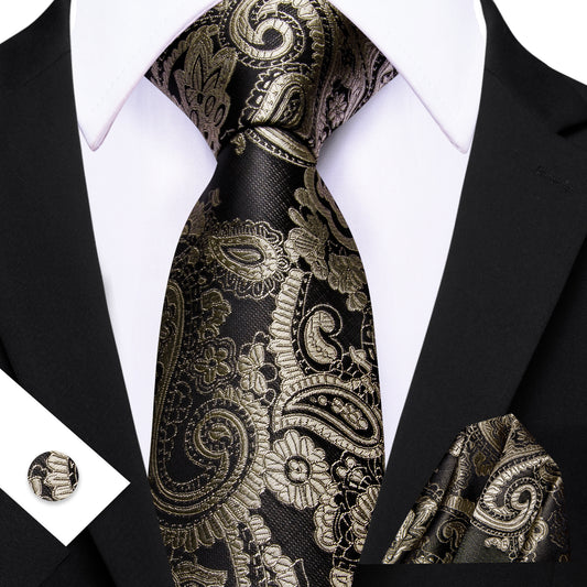 Barry. Wang Taupe Brown Paisley Tie Pocket Square Cufflinks Set Silk Mens Ties
