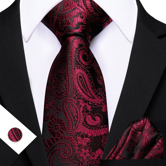 Barry. Wang Burgundy Black Paisley Tie Pocket Square Cufflinks Set Silk Mens Ties