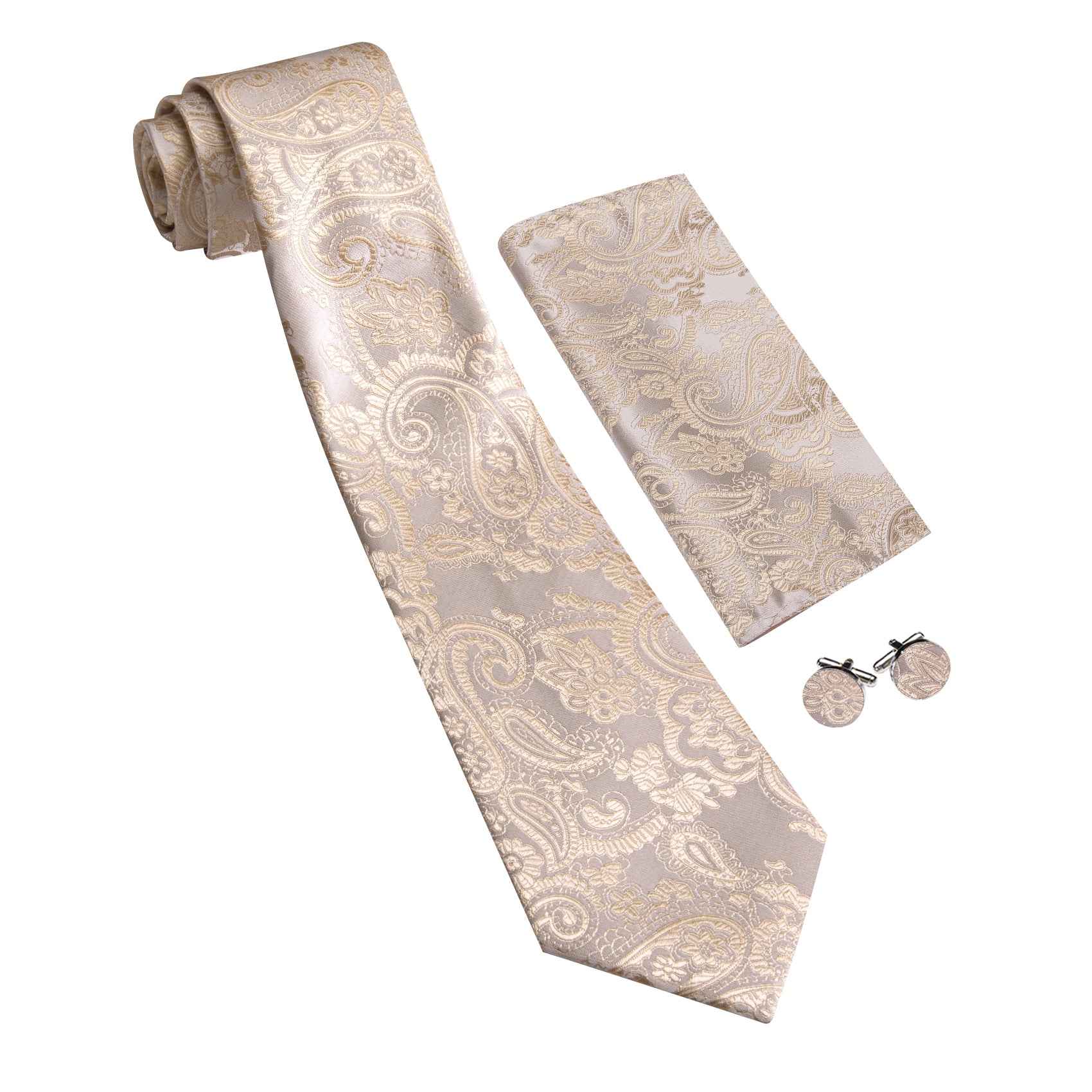 Barry. Wang Beige Necktie Paisley Silk Tie Pocket Square Cufflinks Set for Men