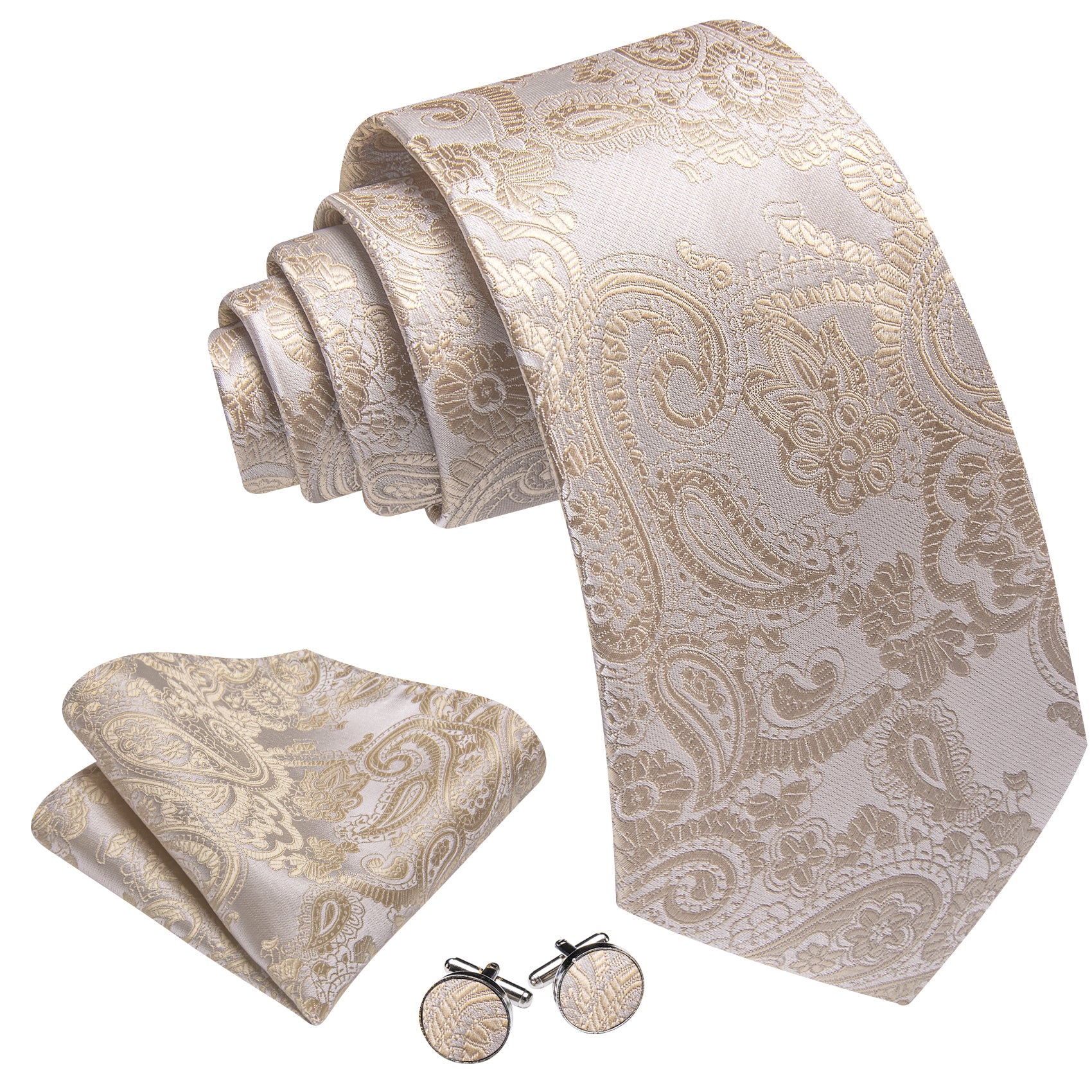 Barry. Wang Beige Necktie Paisley Silk Tie Pocket Square Cufflinks Set for Men