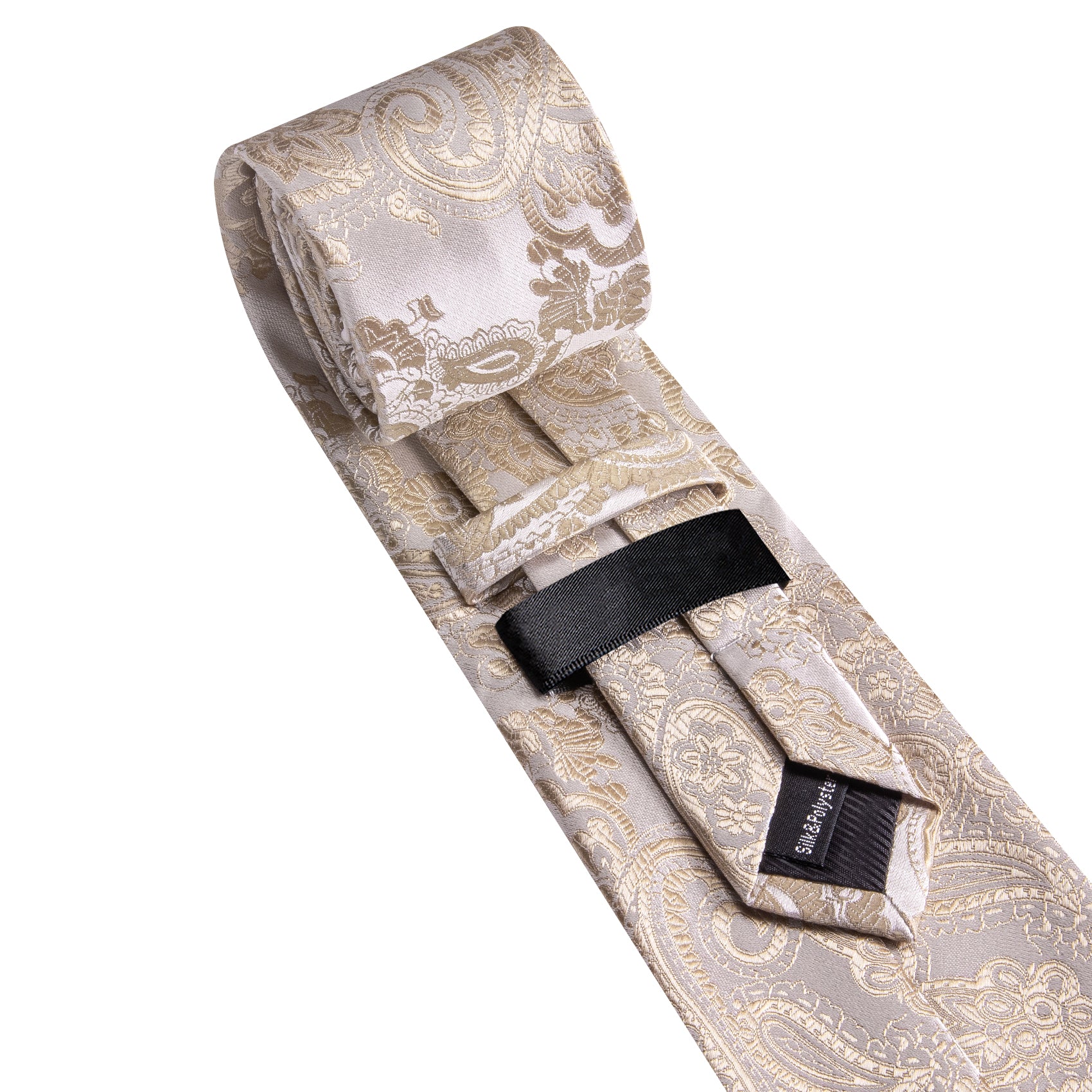 Barry. Wang Beige Necktie Paisley Silk Tie Pocket Square Cufflinks Set for Men