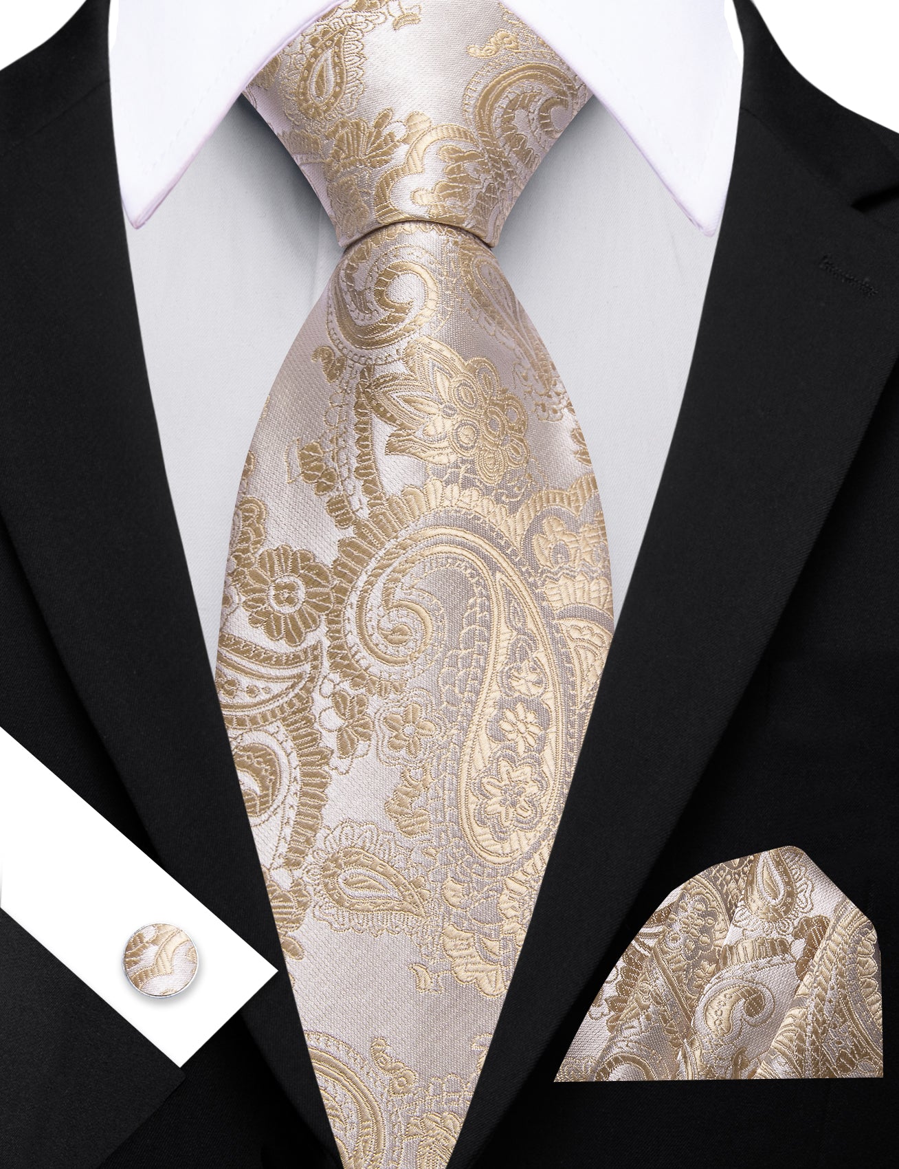 Barry. Wang Beige Necktie Paisley Silk Tie Pocket Square Cufflinks Set for Men