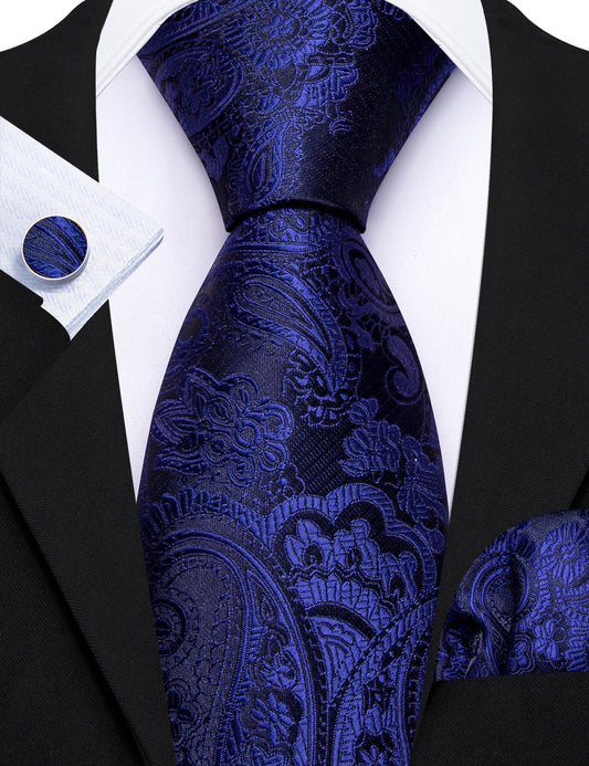 Barry. Wang Navy Blue Necktie Paisley Silk Tie Pocket Square Cufflinks Set for Men