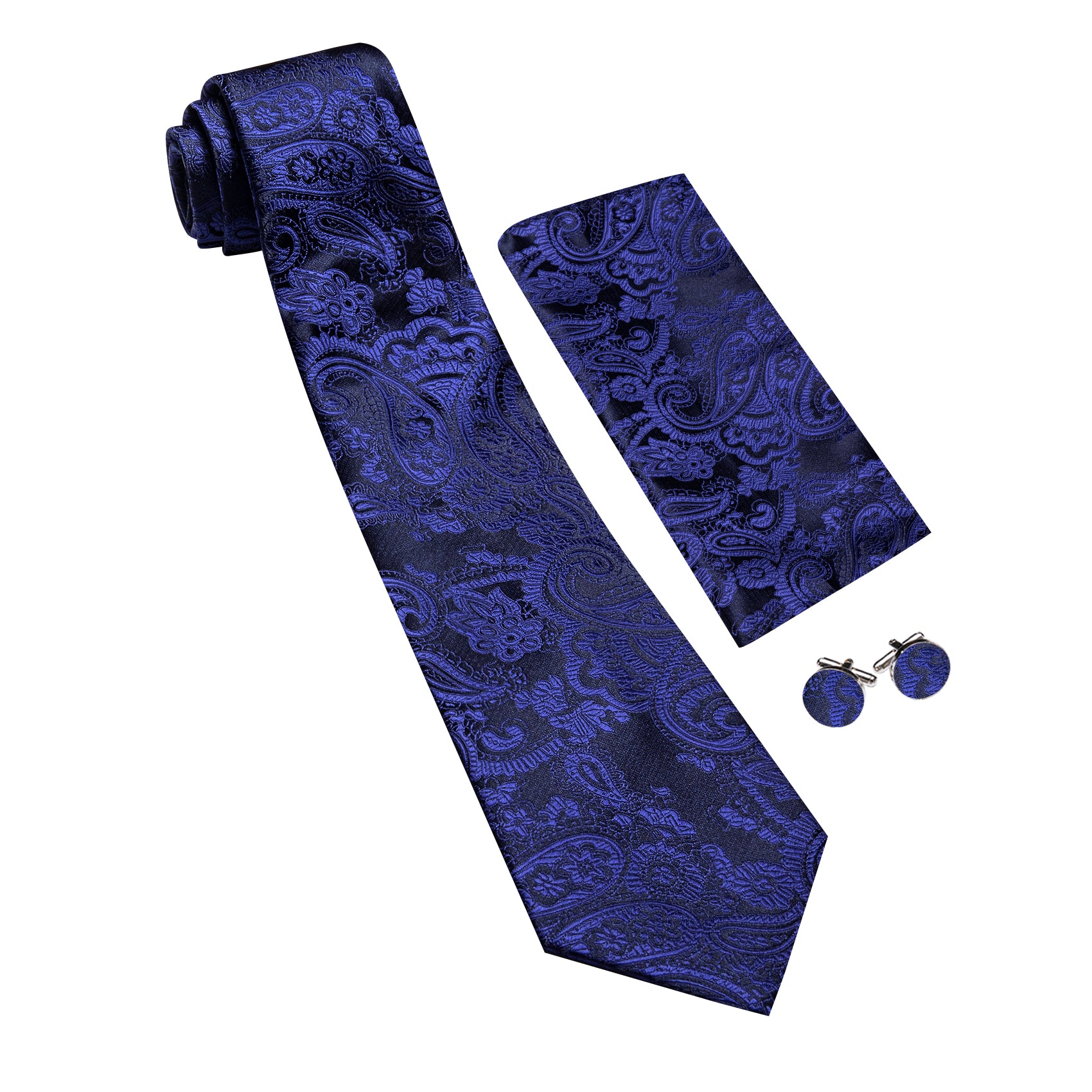 Barry. Wang Navy Blue Necktie Paisley Silk Tie Pocket Square Cufflinks Set for Men
