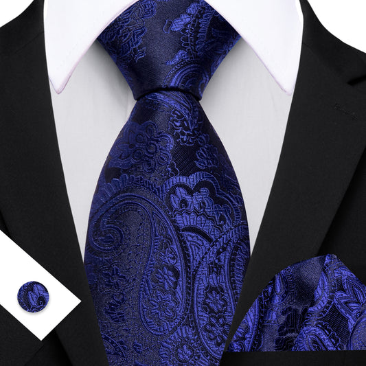 Barry. Wang Navy Blue Necktie Paisley Silk Tie Pocket Square Cufflinks Set for Men