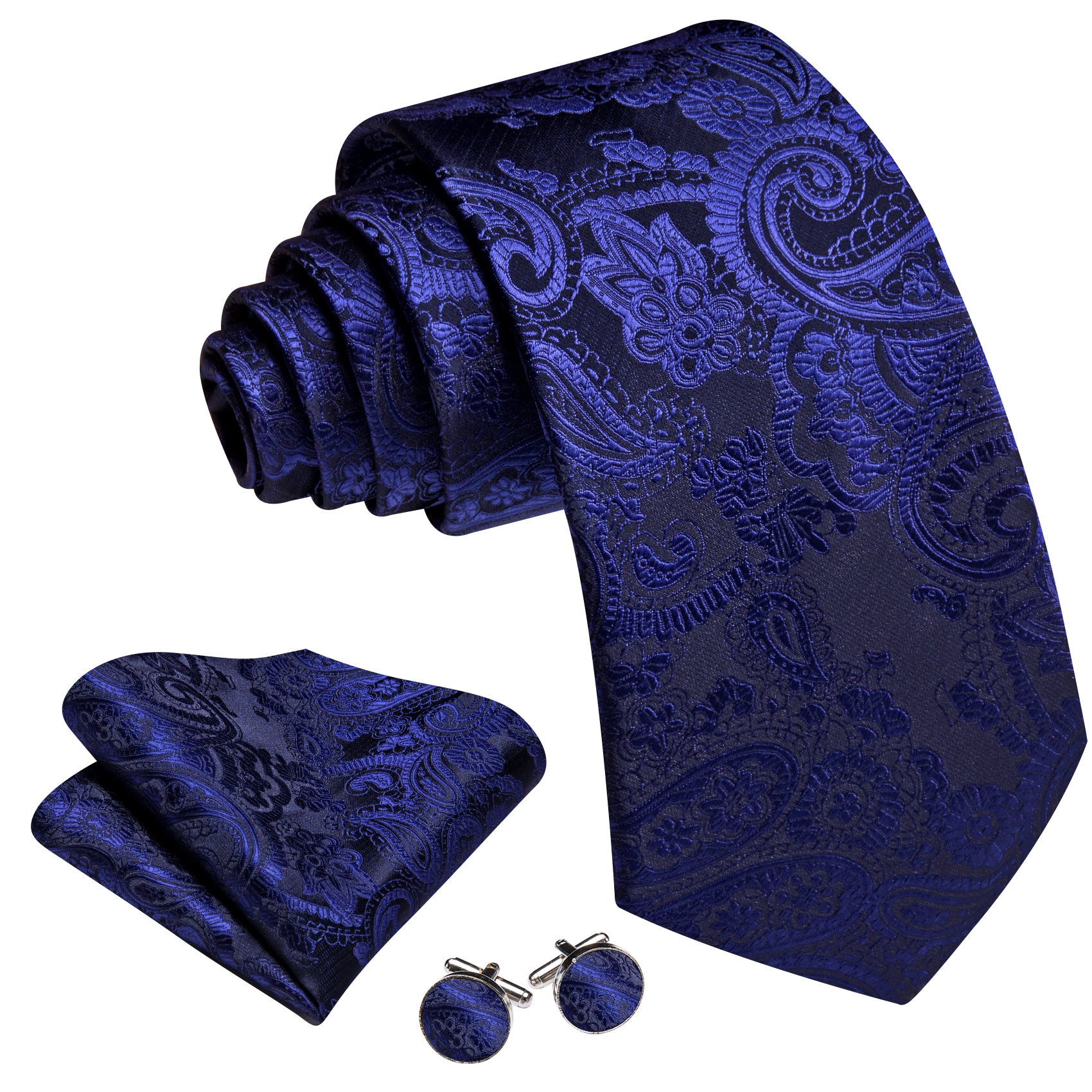 Barry. Wang Navy Blue Necktie Paisley Silk Tie Pocket Square Cufflinks Set for Men