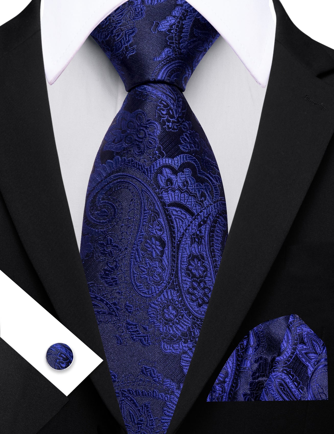 Barry. Wang Navy Blue Necktie Paisley Silk Tie Pocket Square Cufflinks Set for Men