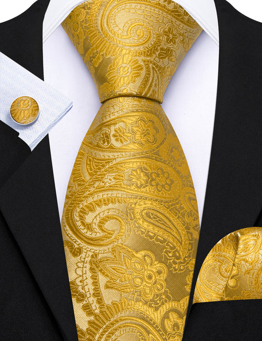 Barry. Wang Yellow Necktie Paisley Silk Tie Pocket Square Cufflinks Set for Men