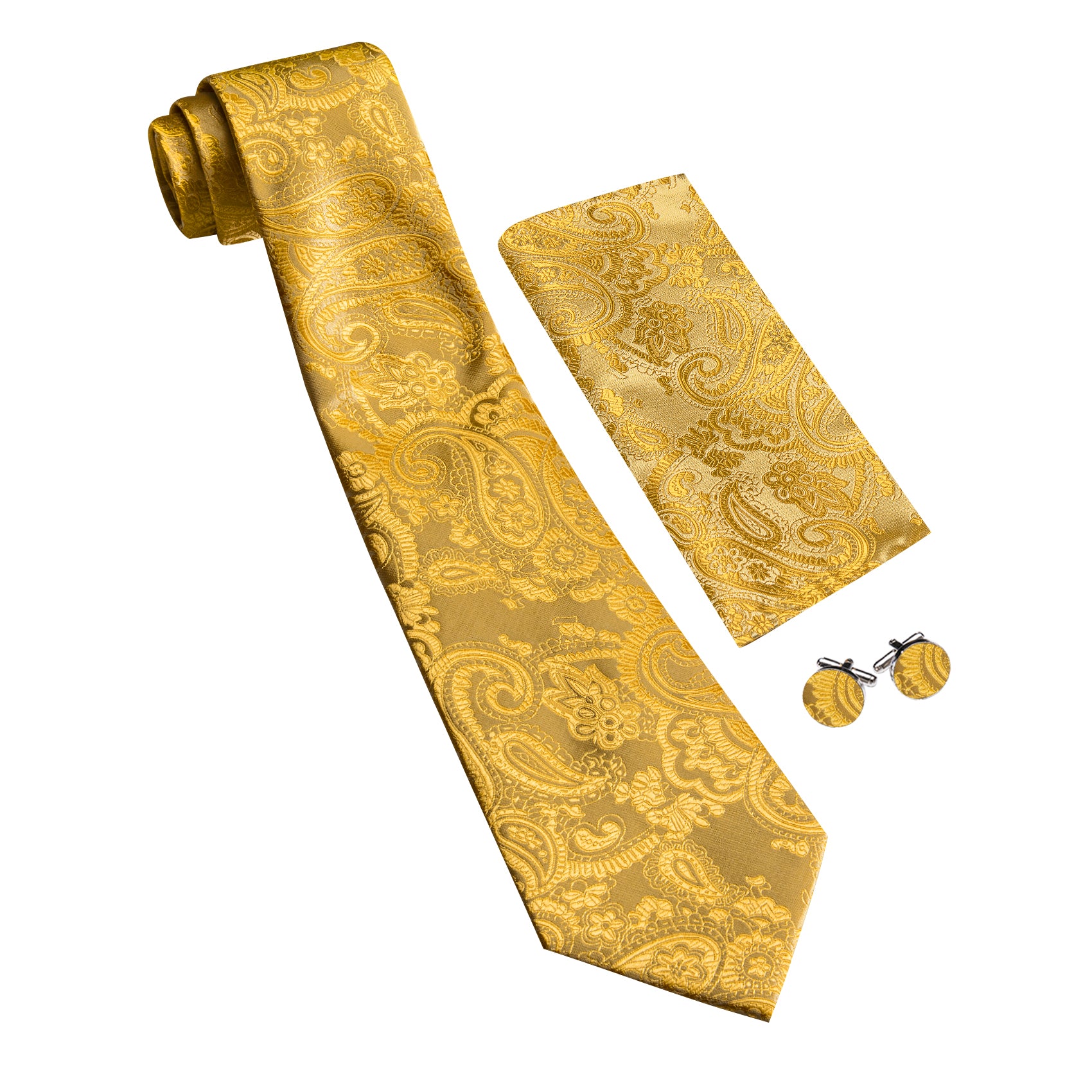 Barry. Wang Yellow Necktie Paisley Silk Tie Pocket Square Cufflinks Set for Men