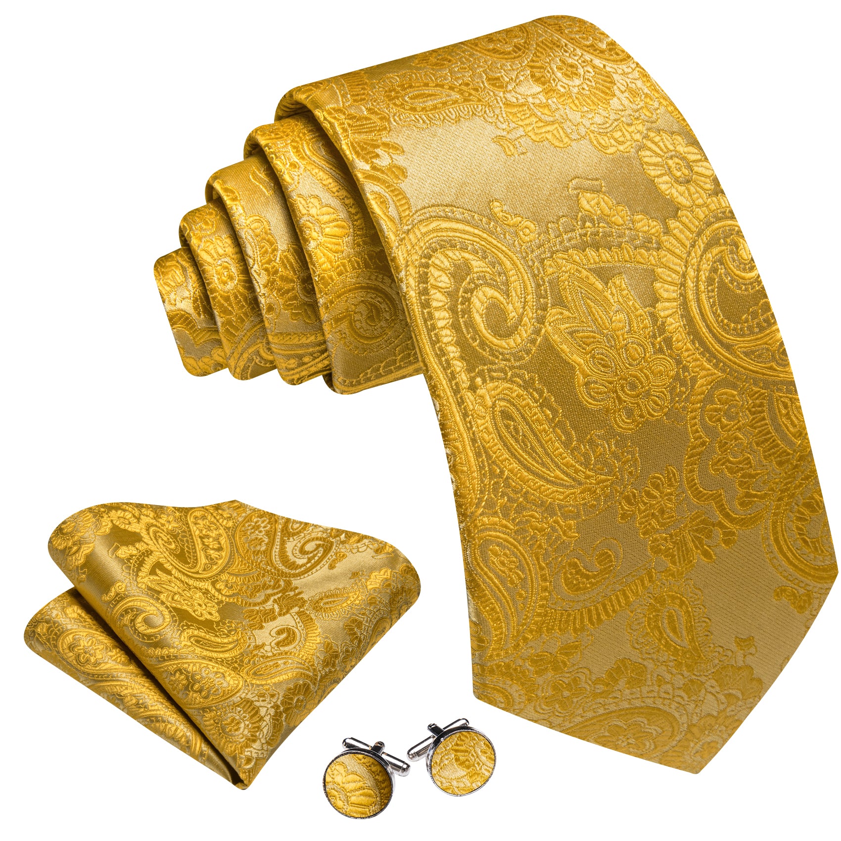 Barry. Wang Yellow Necktie Paisley Silk Tie Pocket Square Cufflinks Set for Men
